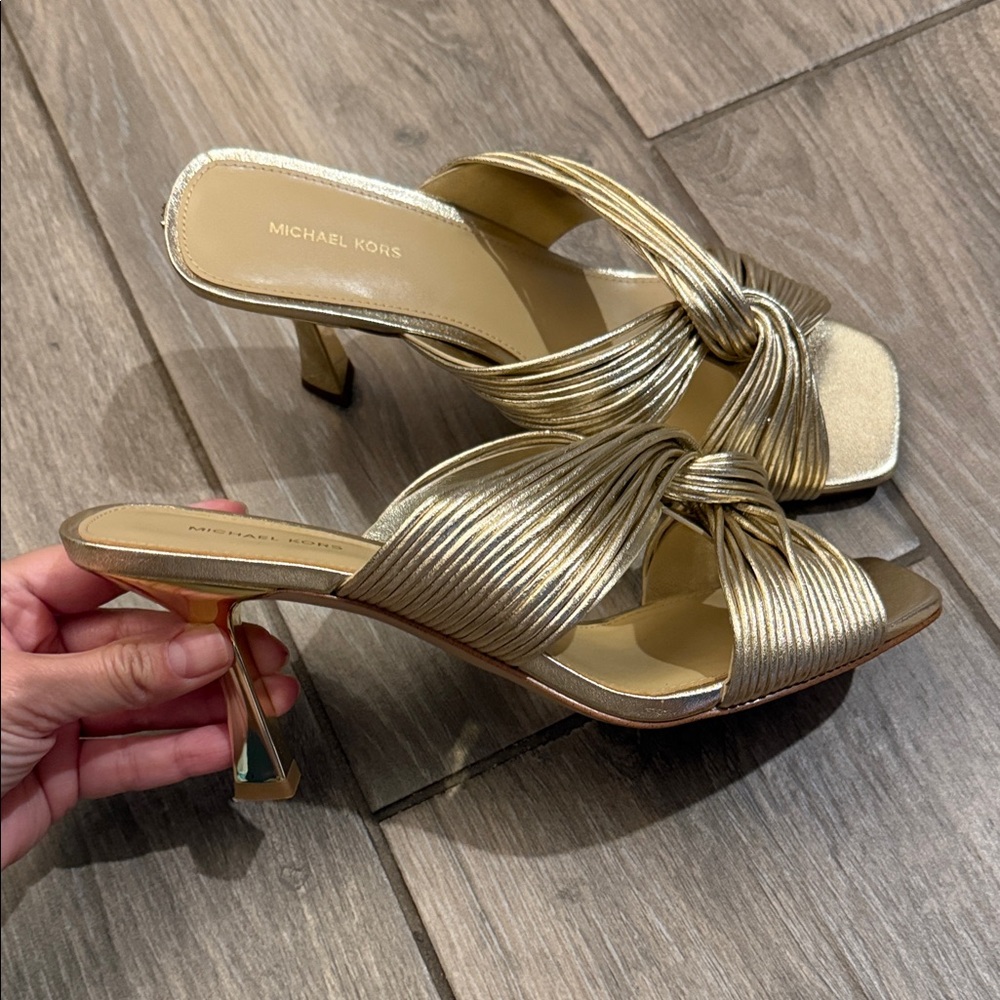 MICHAEL Michael Kors Metallic Gold Knotted Strap Mule Heels - Picture 5 of 10